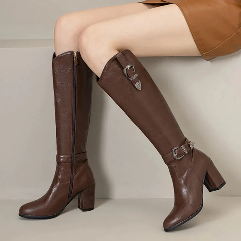 Trend4us Women's Western Buckle Zipper Knee-High Boots