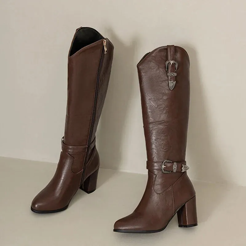 Trend4us Women's Western Buckle Zipper Knee-High Boots