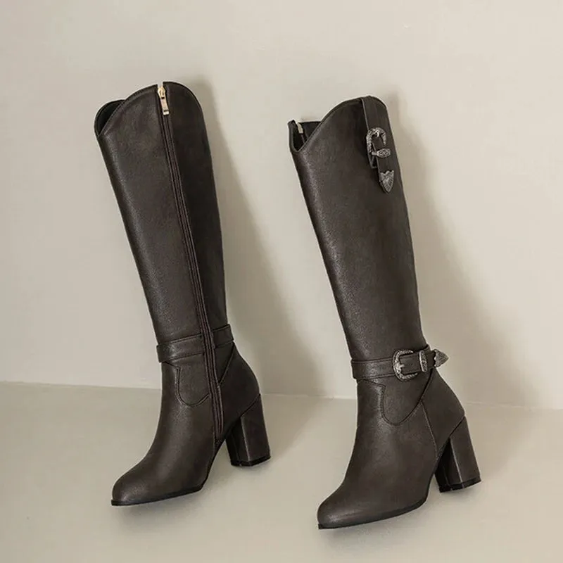 Trend4us Women's Western Buckle Zipper Knee-High Boots