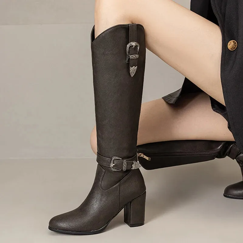 Trend4us Women's Western Buckle Zipper Knee-High Boots