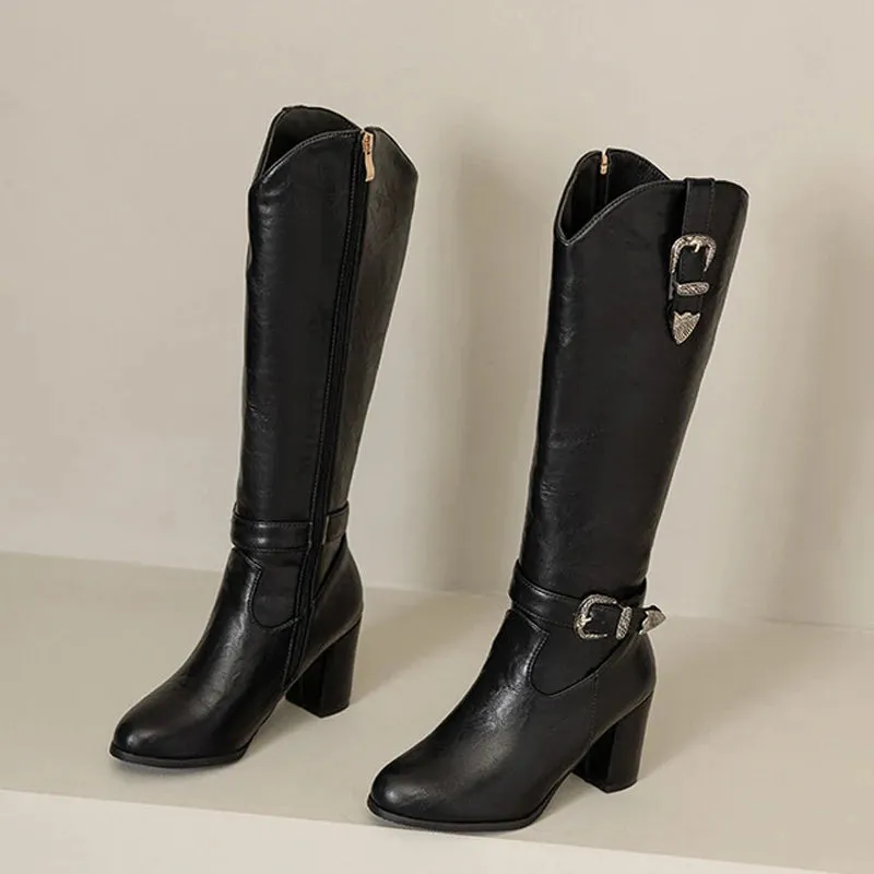 Trend4us Women's Western Buckle Zipper Knee-High Boots