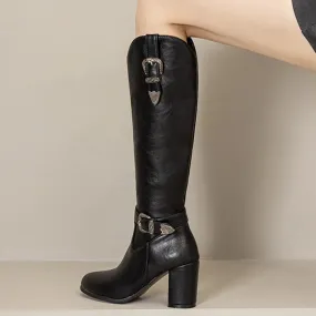 Trend4us Women's Western Buckle Zipper Knee-High Boots