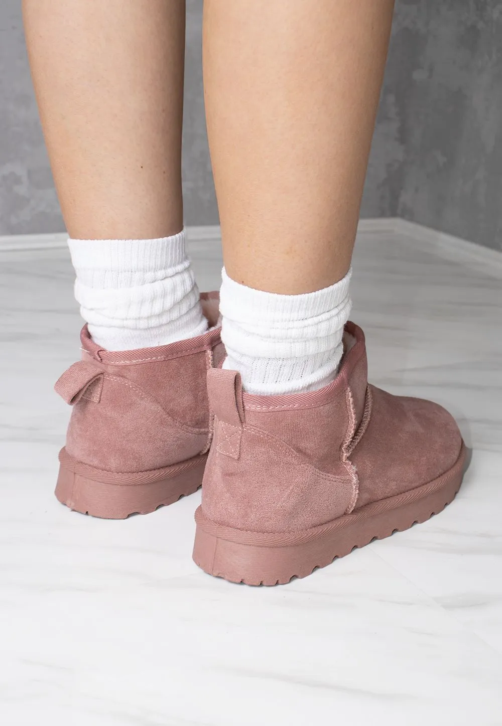 Ultra Mini Ankle Length Faux Fur Lining Cosy Boots In Pink Faux Suede