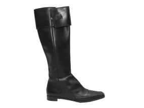 Vintage Black Chanel Knee-High Square-Toe Leather Boots Size 38