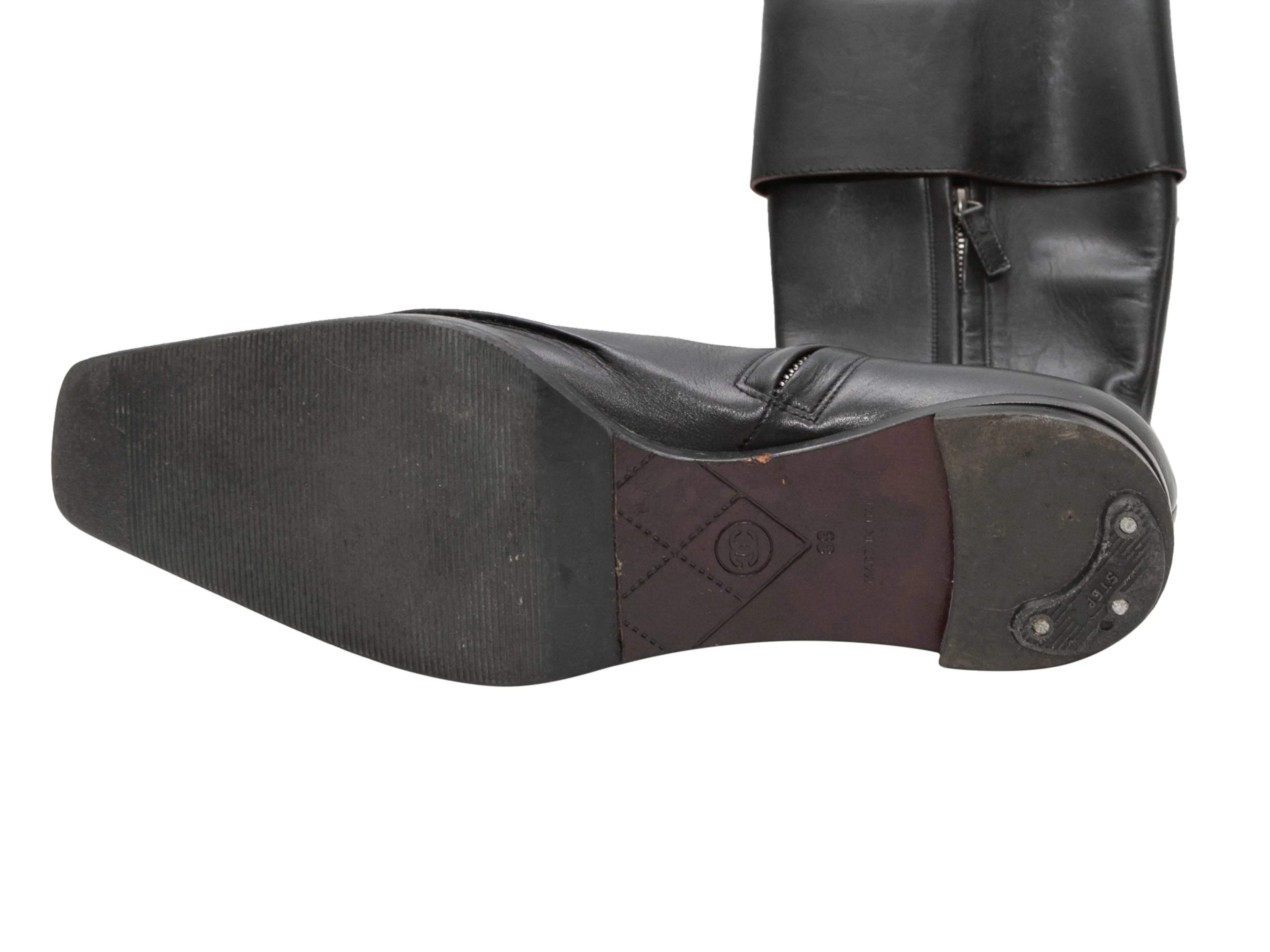 Vintage Black Chanel Knee-High Square-Toe Leather Boots Size 38
