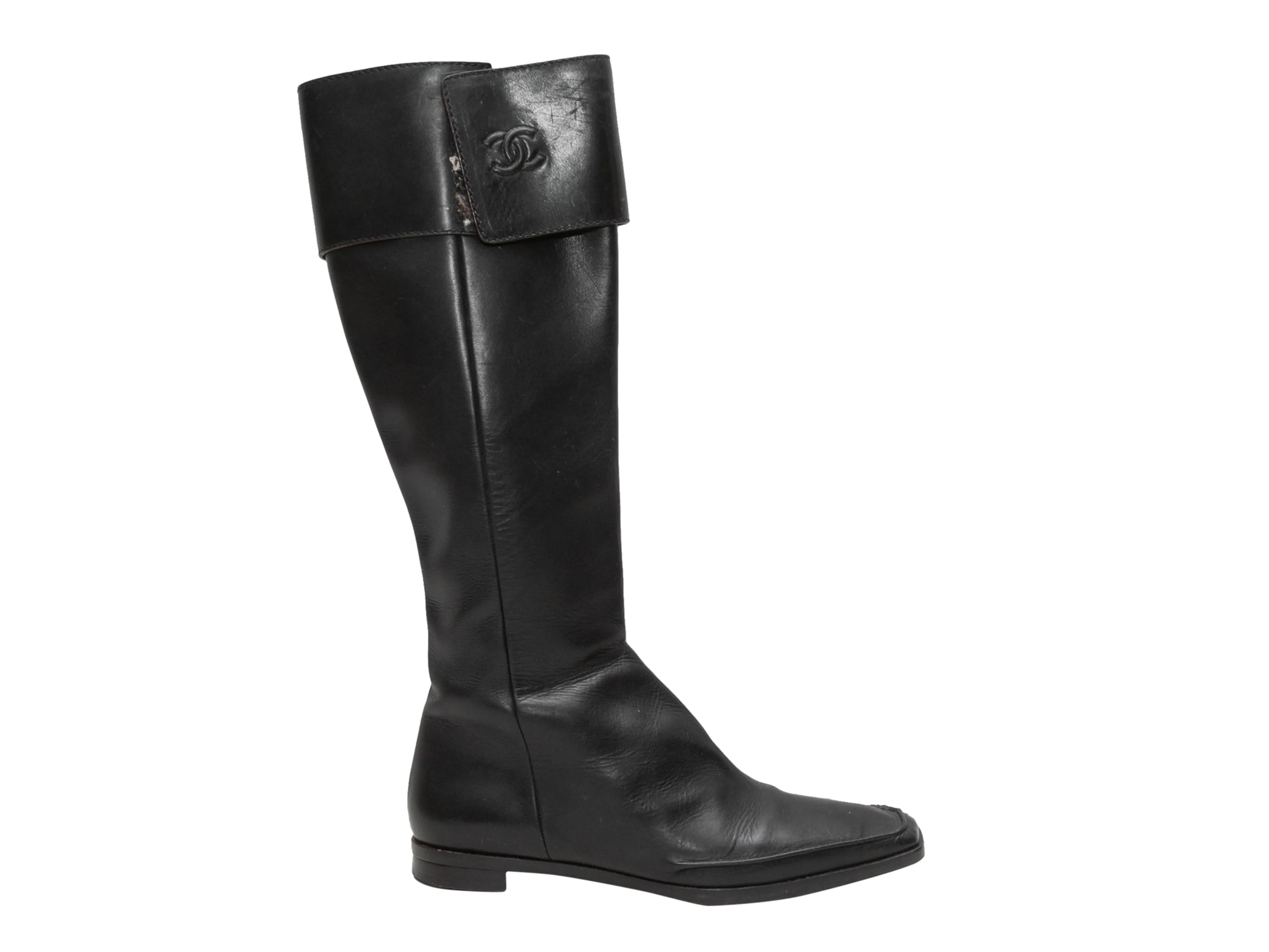 Vintage Black Chanel Knee-High Square-Toe Leather Boots Size 38