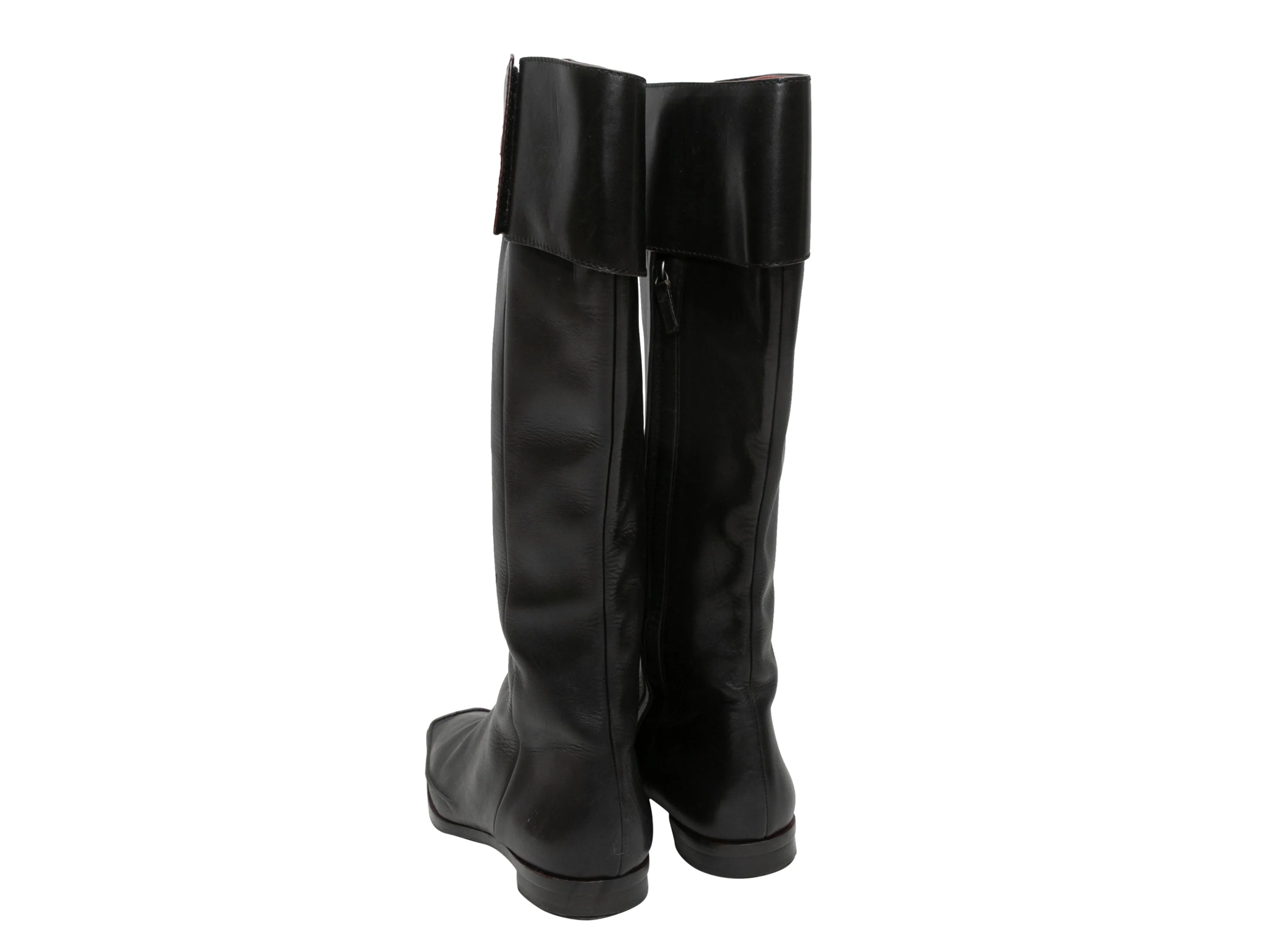 Vintage Black Chanel Knee-High Square-Toe Leather Boots Size 38