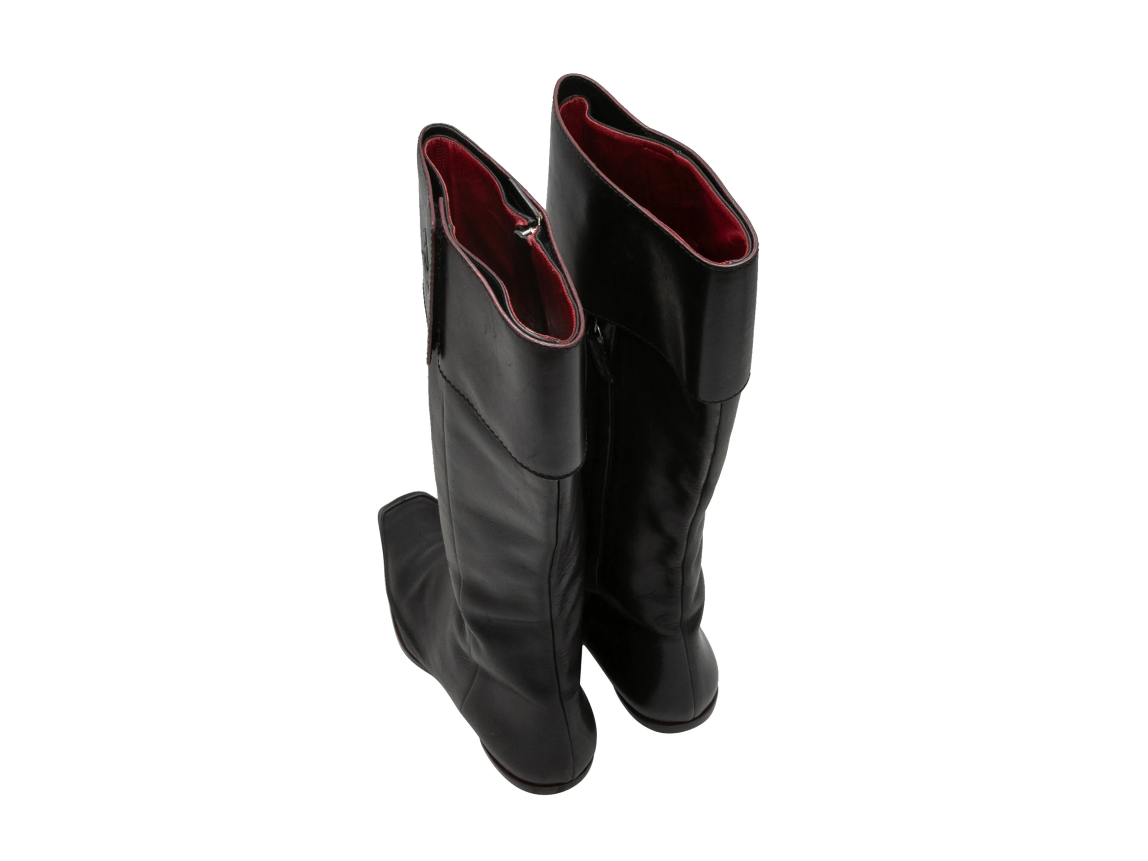 Vintage Black Chanel Knee-High Square-Toe Leather Boots Size 38