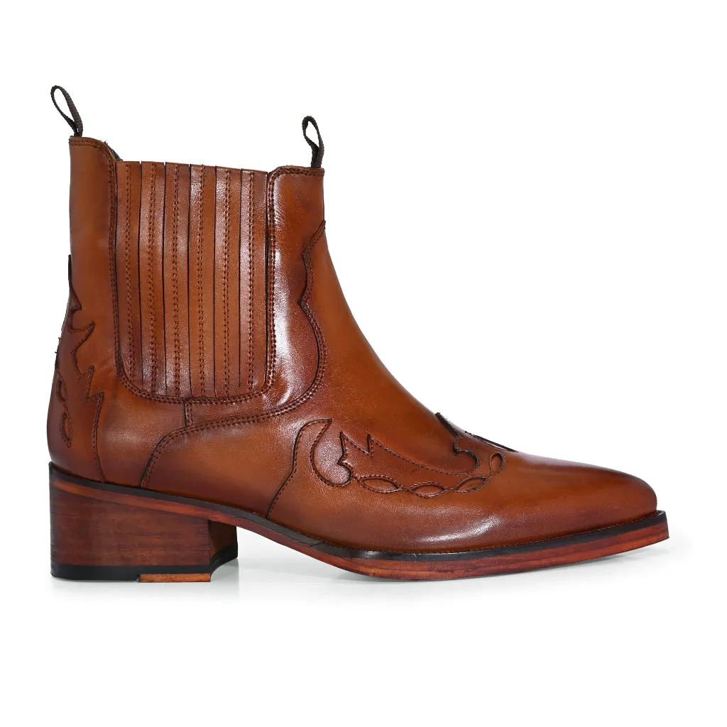 Western Cowboy Brown Leather Boots with Laser-Cut Detailing