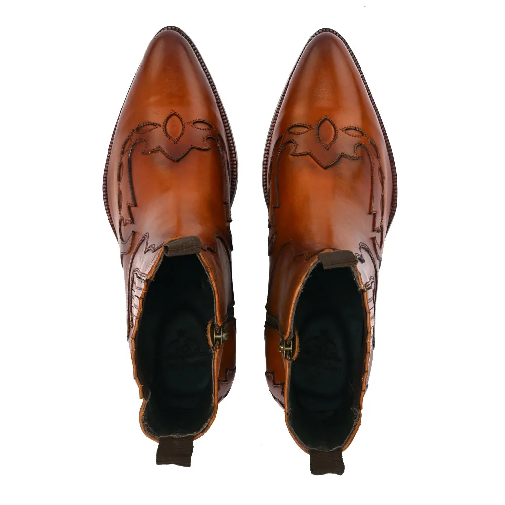 Western Cowboy Brown Leather Boots with Laser-Cut Detailing