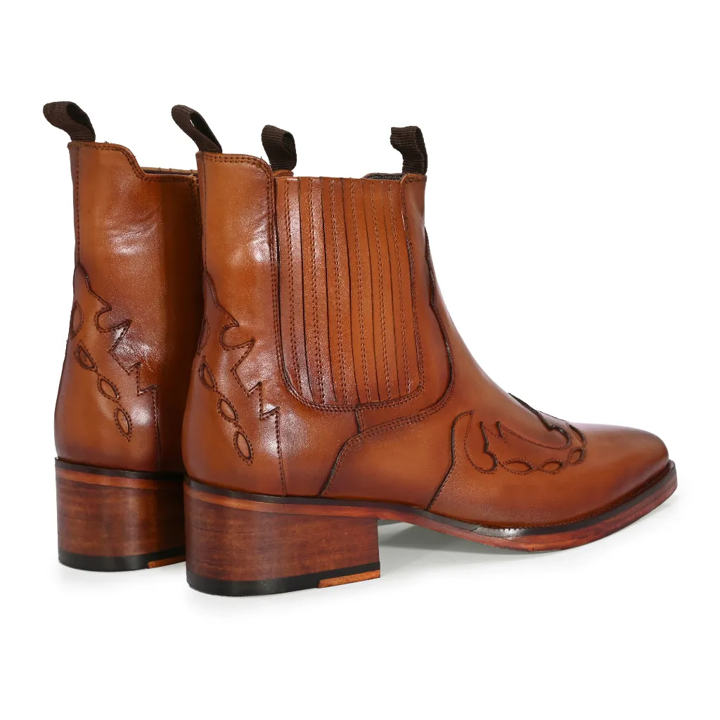 Western Cowboy Brown Leather Boots with Laser-Cut Detailing