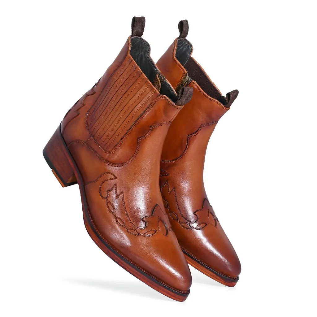 Western Cowboy Brown Leather Boots with Laser-Cut Detailing