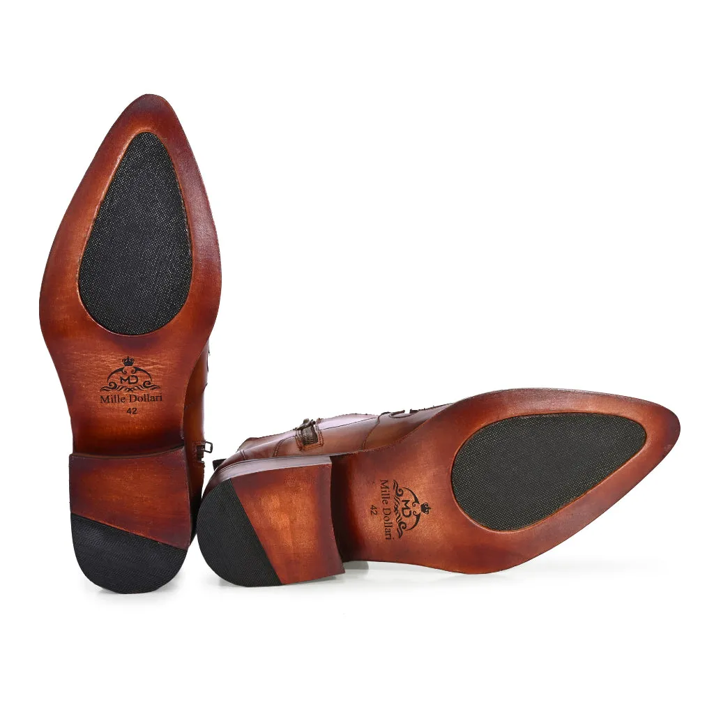 Western Cowboy Brown Leather Boots with Laser-Cut Detailing
