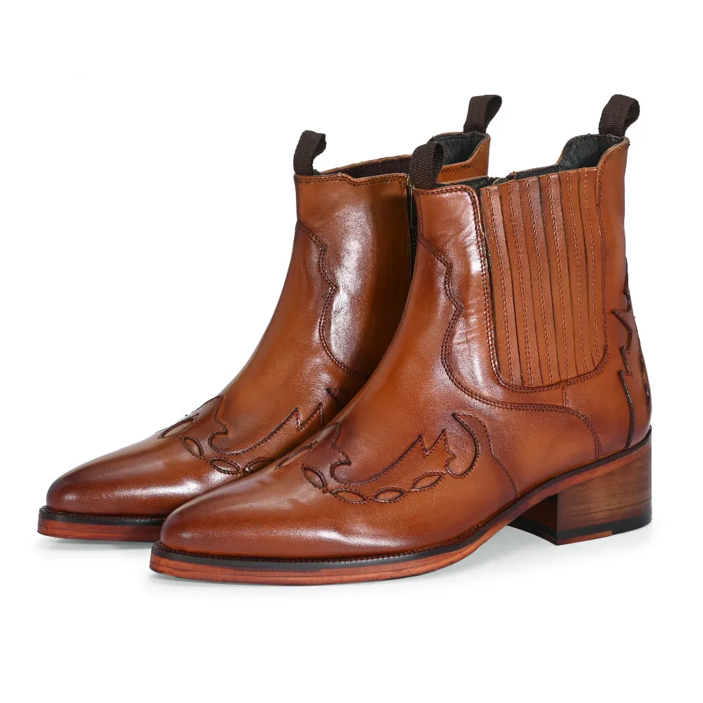 Western Cowboy Brown Leather Boots with Laser-Cut Detailing