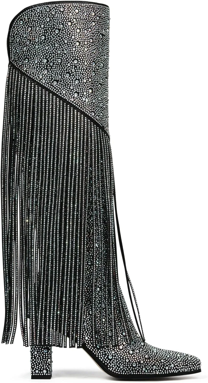 Western Fringe Rhinestone Sequin Black Sparkle Cowboy Boots