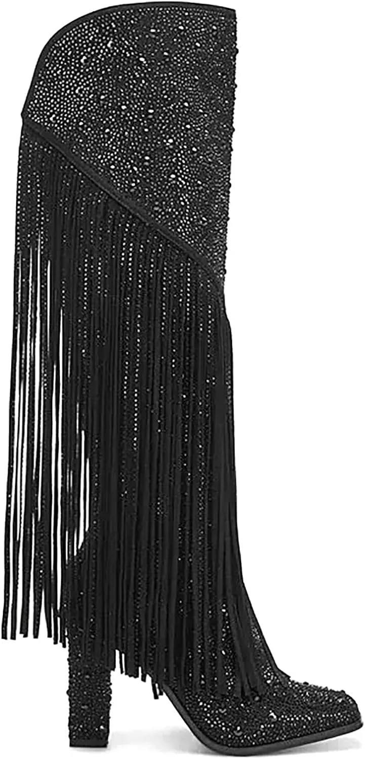 Western Fringe Rhinestone Sequin Black Sparkle Cowboy Boots