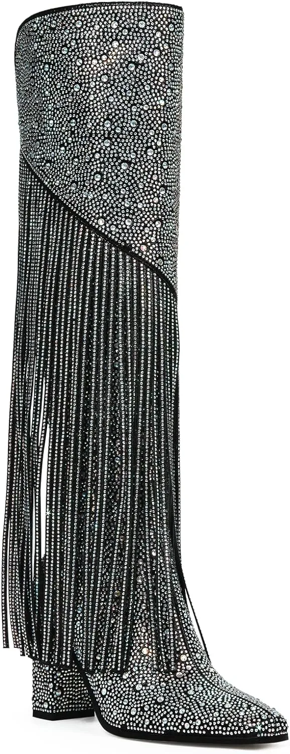Western Fringe Rhinestone Sequin Black Sparkle Cowboy Boots