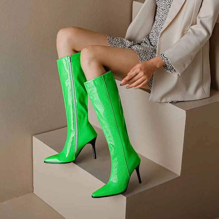 Women Knee High Zip Up Heeled Faux Leather Boots Big Size
