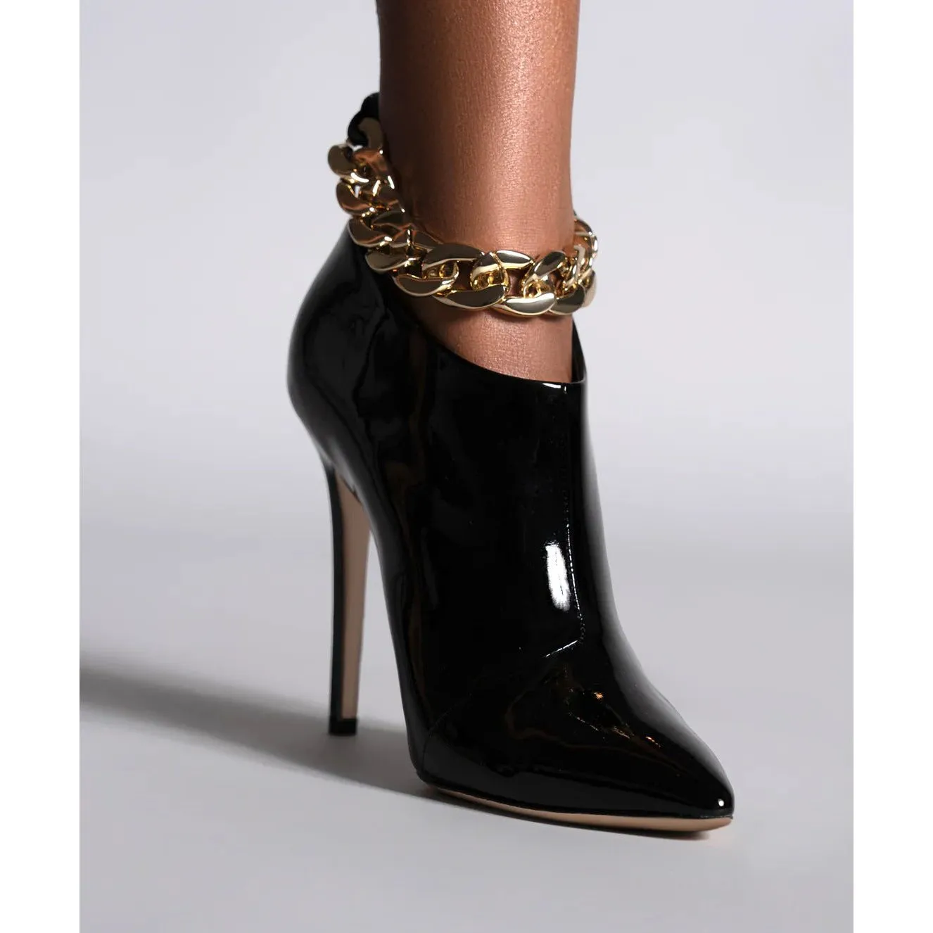 Women's Chain Decoration Ankle Boots Back Zipper Stiletto Heels Black Patent Leather & Suede Styles