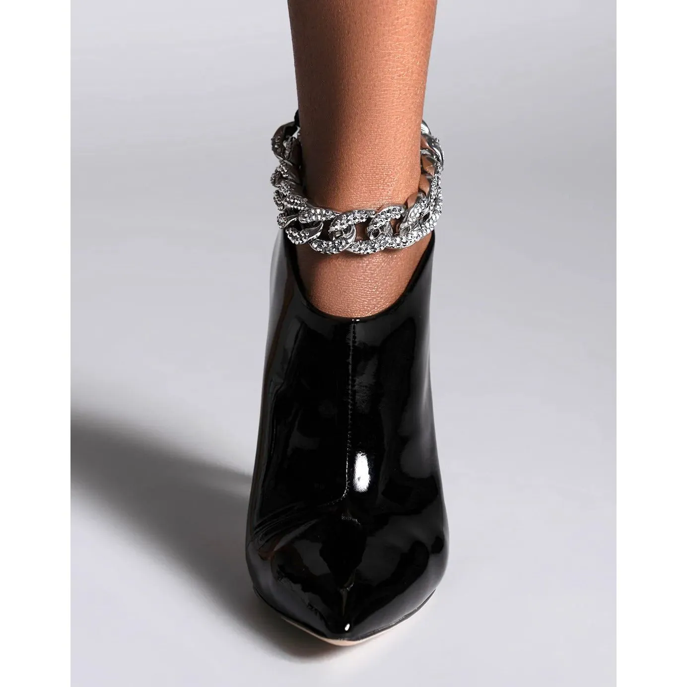Women's Chain Decoration Ankle Boots Back Zipper Stiletto Heels Black Patent Leather & Suede Styles