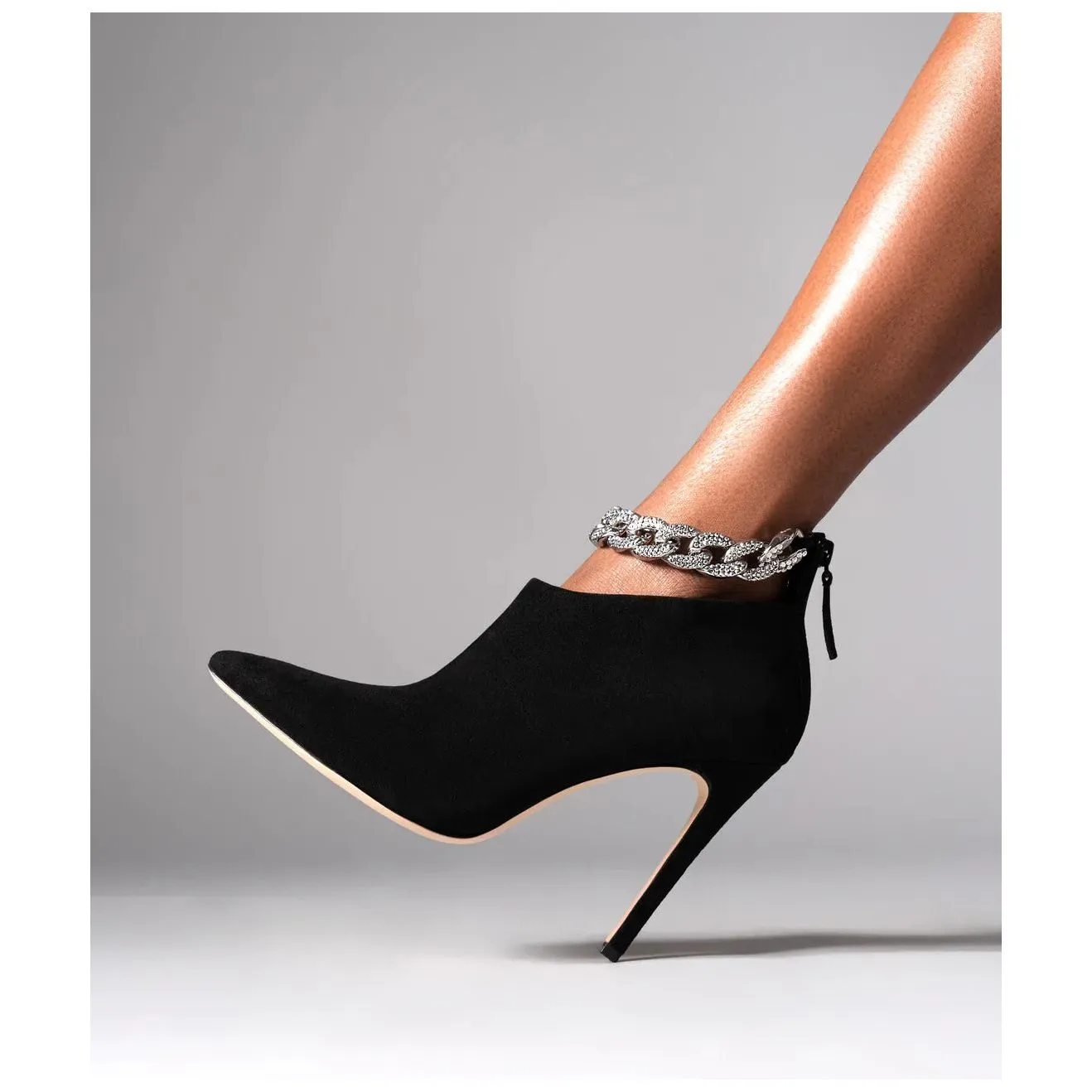 Women's Chain Decoration Ankle Boots Back Zipper Stiletto Heels Black Patent Leather & Suede Styles