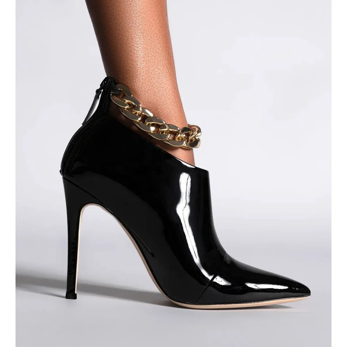 Women's Chain Decoration Ankle Boots Back Zipper Stiletto Heels Black Patent Leather & Suede Styles