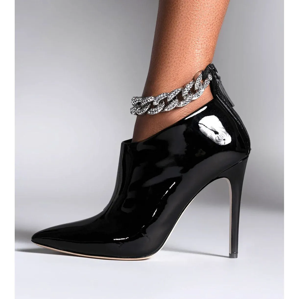 Women's Chain Decoration Ankle Boots Back Zipper Stiletto Heels Black Patent Leather & Suede Styles