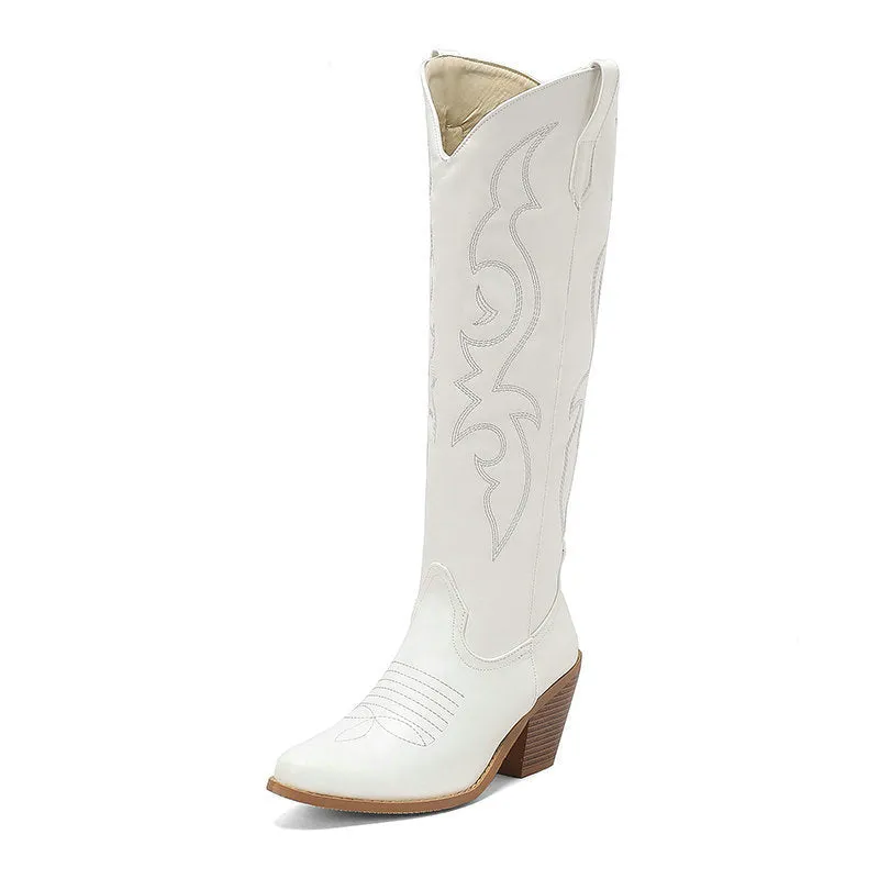 Women's embroidered knee high cowboy boots pointed toe