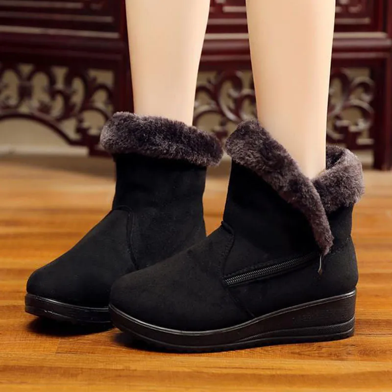Women's faux fur lining warm snow boots short winter boots with zipper