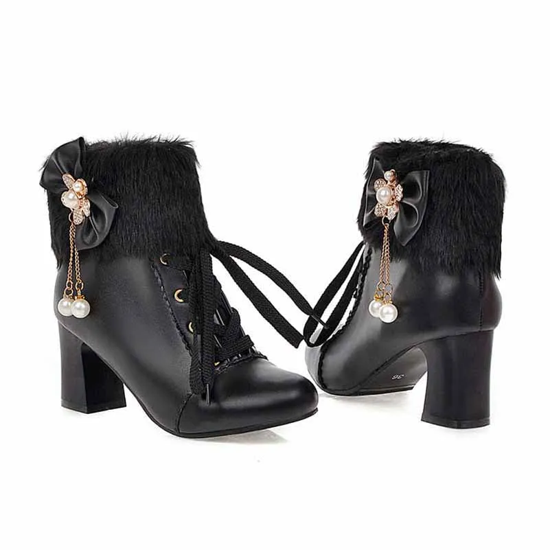 Womens Lace Up Platform Fur Lined Ankle Hiking Boots With Bowknot