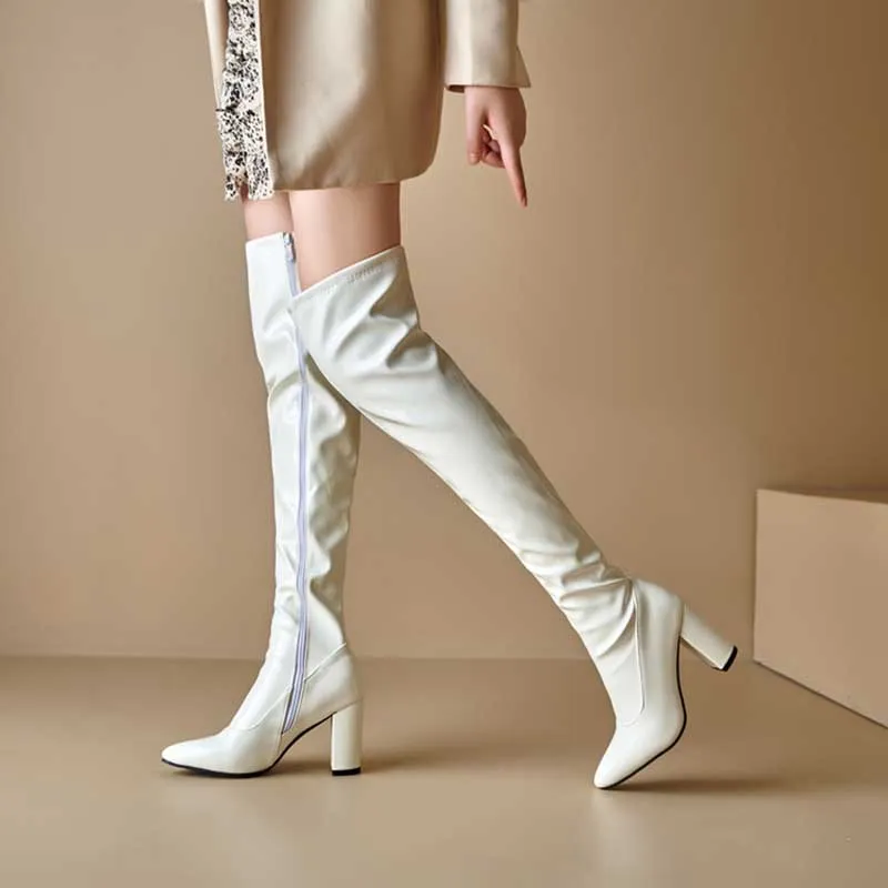 Women's Over Knee Chunky Heeled Patent Leather Boots