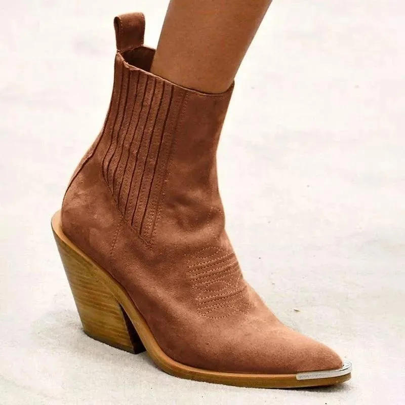 Women's suede ankle boots pointed toe block heel fashion ankle boots