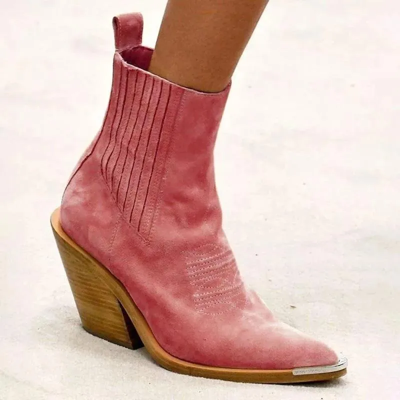 Women's suede ankle boots pointed toe block heel fashion ankle boots
