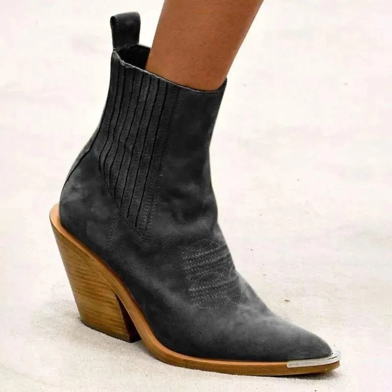 Women's suede ankle boots pointed toe block heel fashion ankle boots