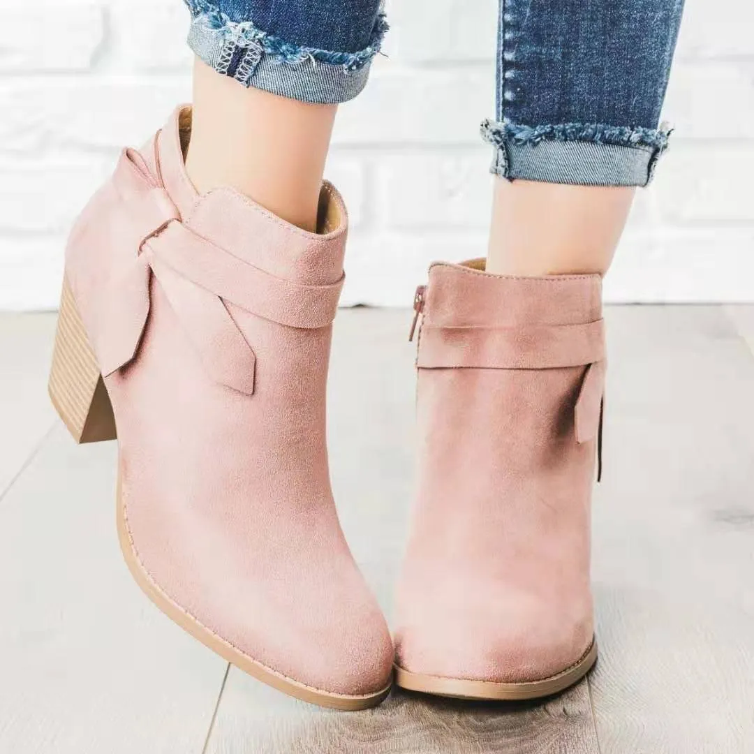 Women’s Suede Block Heel Ankle Boots with Side Zipper