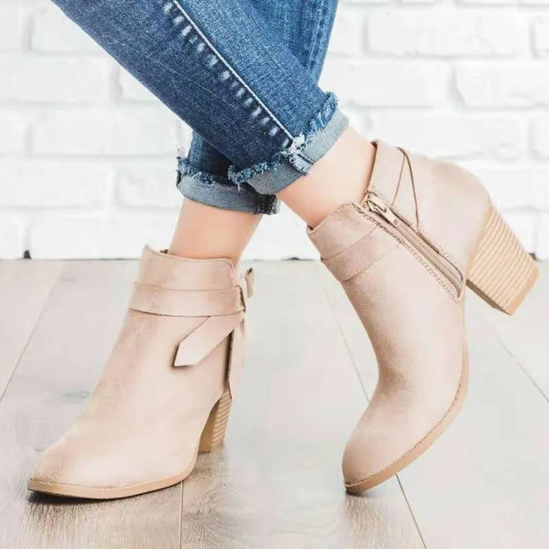 Women’s Suede Block Heel Ankle Boots with Side Zipper