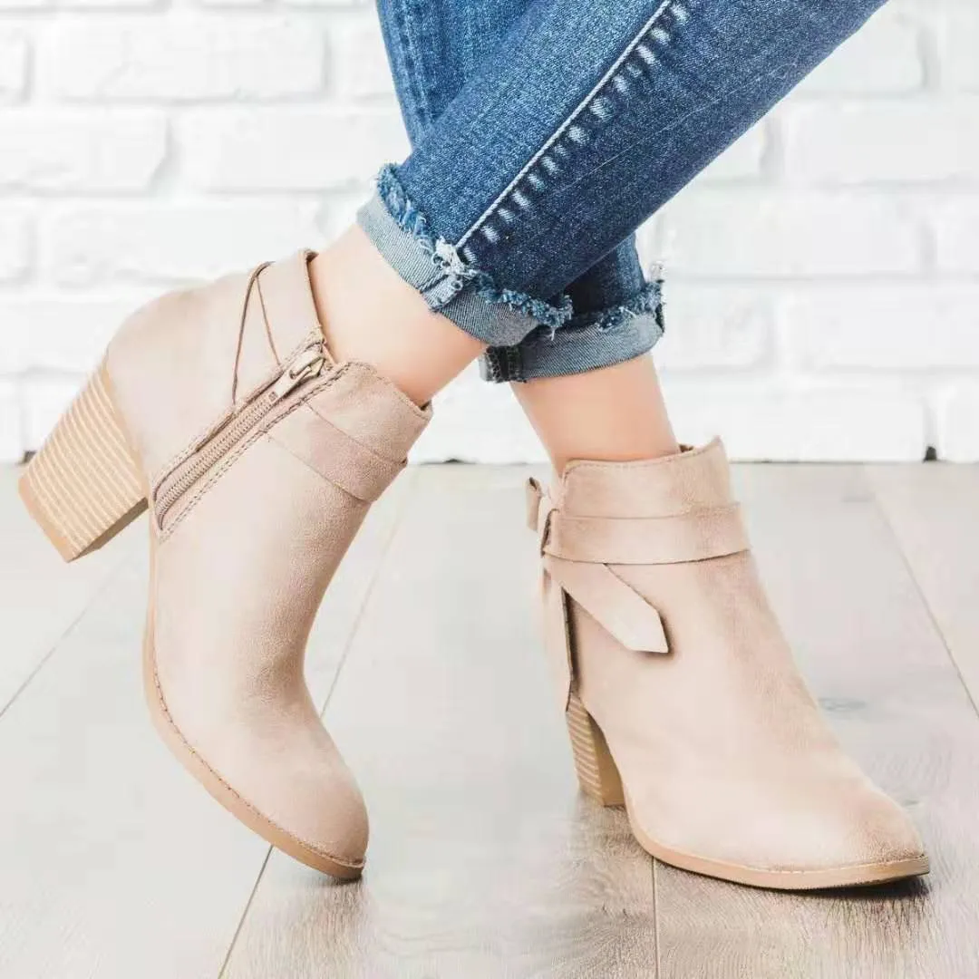 Women’s Suede Block Heel Ankle Boots with Side Zipper