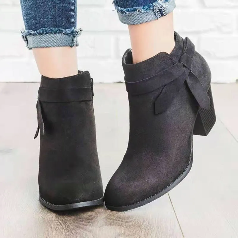 Women’s Suede Block Heel Ankle Boots with Side Zipper