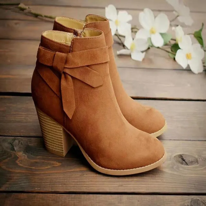 Women’s Suede Block Heel Ankle Boots with Side Zipper