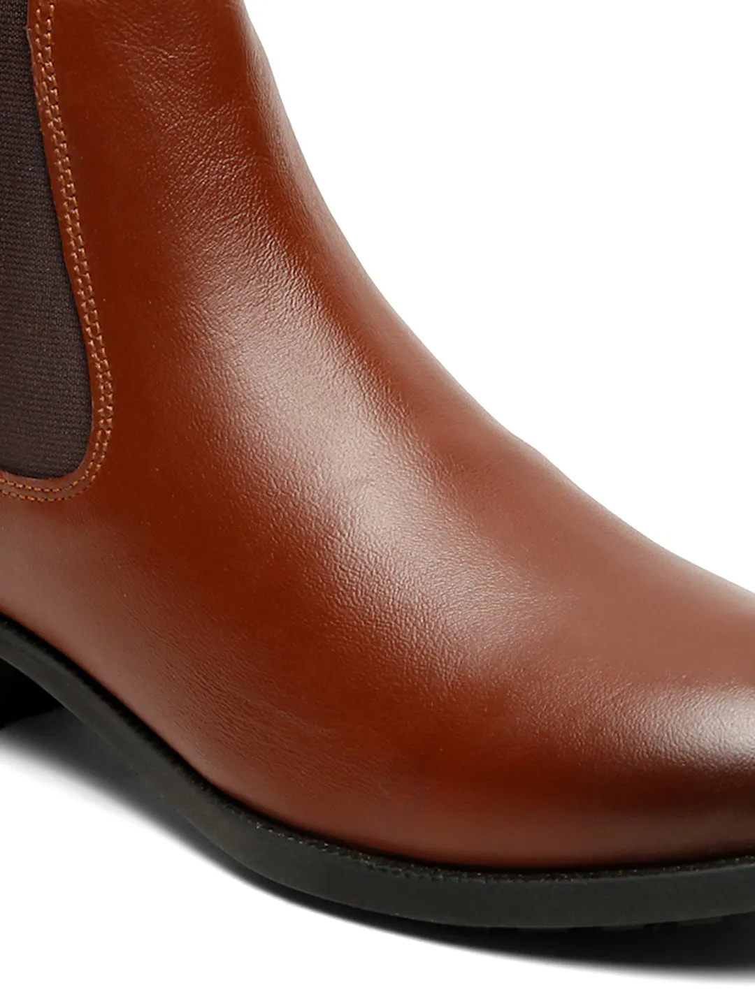 Women's Tan Solid Leather Slip-On Blocked Heel Boots