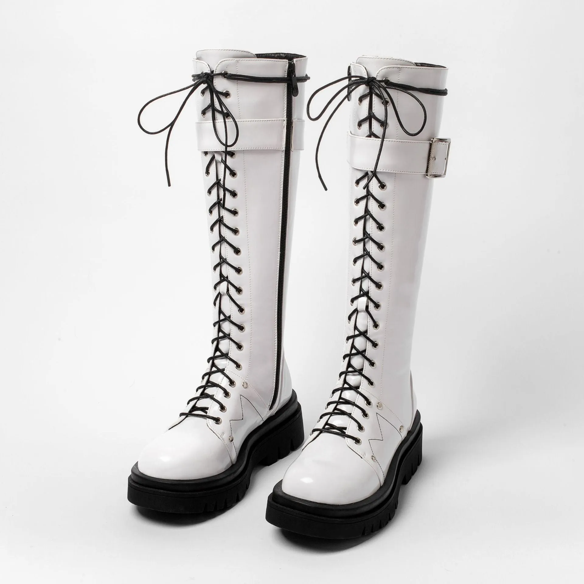 Women's thick platform knee high combat boots with buckle cool lace-up martin boots with zipper