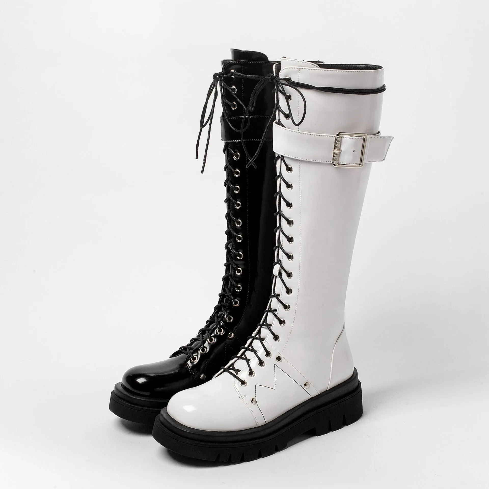 Women's thick platform knee high combat boots with buckle cool lace-up martin boots with zipper