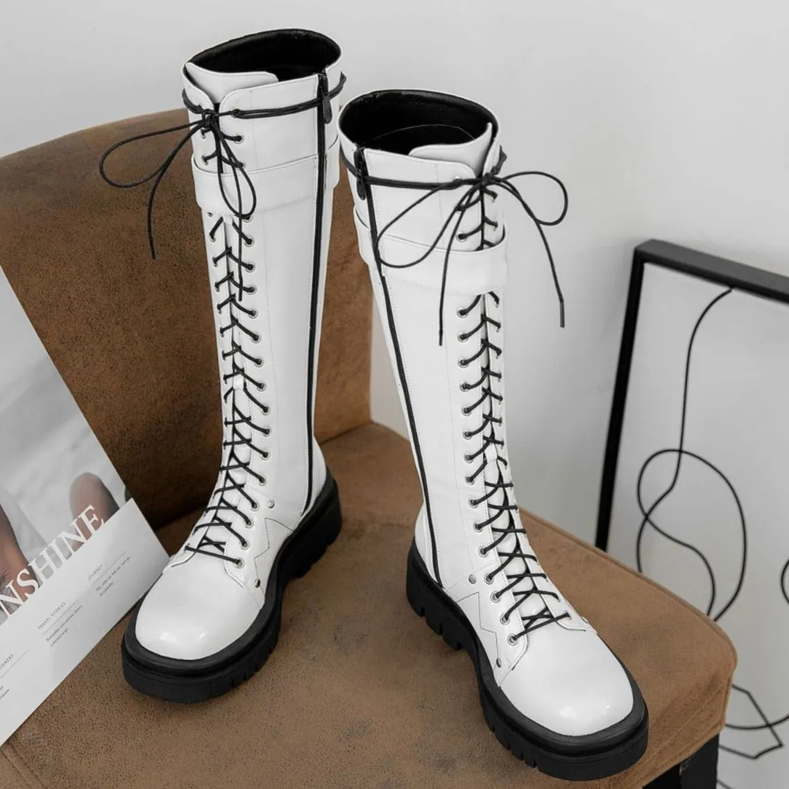 Women's thick platform knee high combat boots with buckle cool lace-up martin boots with zipper