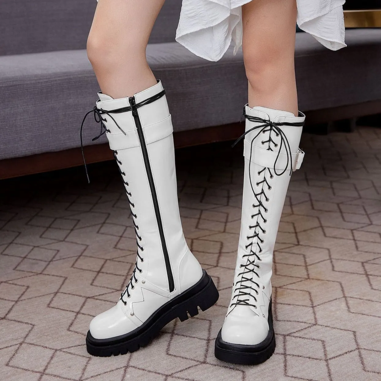 Women's thick platform knee high combat boots with buckle cool lace-up martin boots with zipper