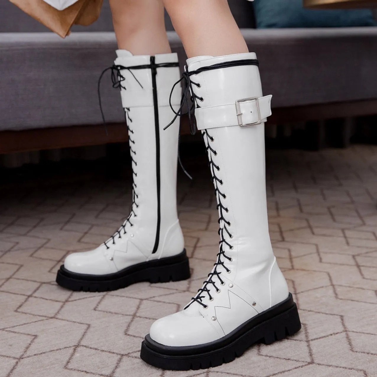 Women's thick platform knee high combat boots with buckle cool lace-up martin boots with zipper
