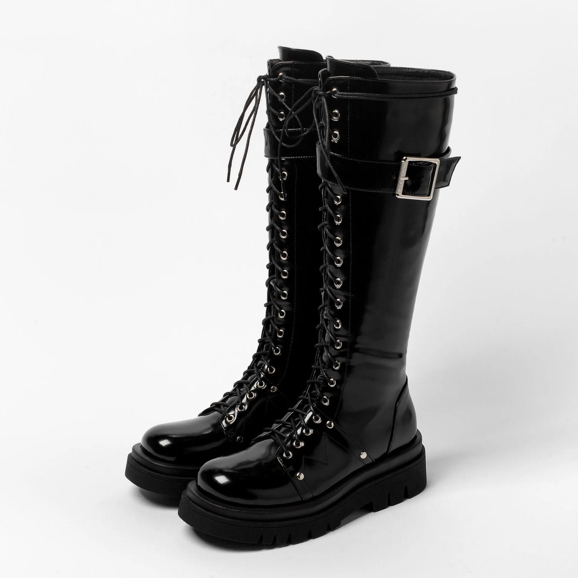 Women's thick platform knee high combat boots with buckle cool lace-up martin boots with zipper
