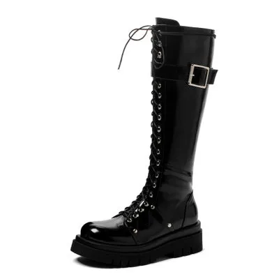 Women's thick platform knee high combat boots with buckle cool lace-up martin boots with zipper
