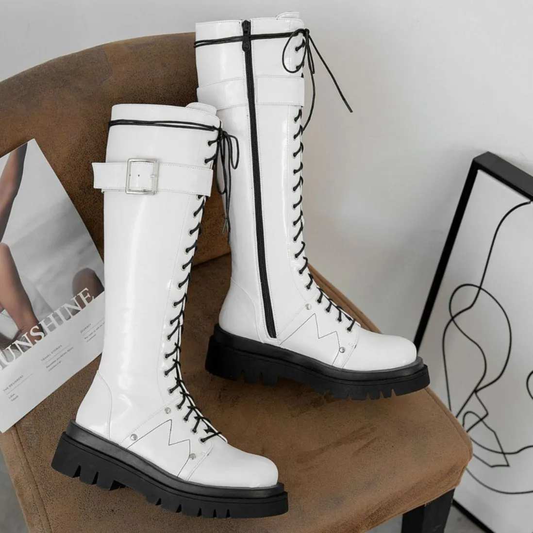 Women's thick platform knee high combat boots with buckle cool lace-up martin boots with zipper