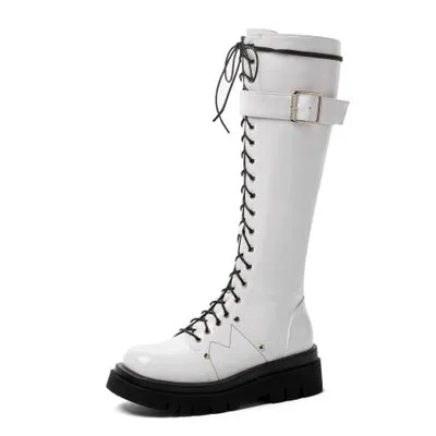 Women's thick platform knee high combat boots with buckle cool lace-up martin boots with zipper