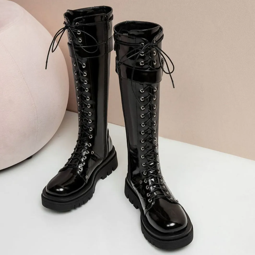 Women's thick platform knee high combat boots with buckle cool lace-up martin boots with zipper